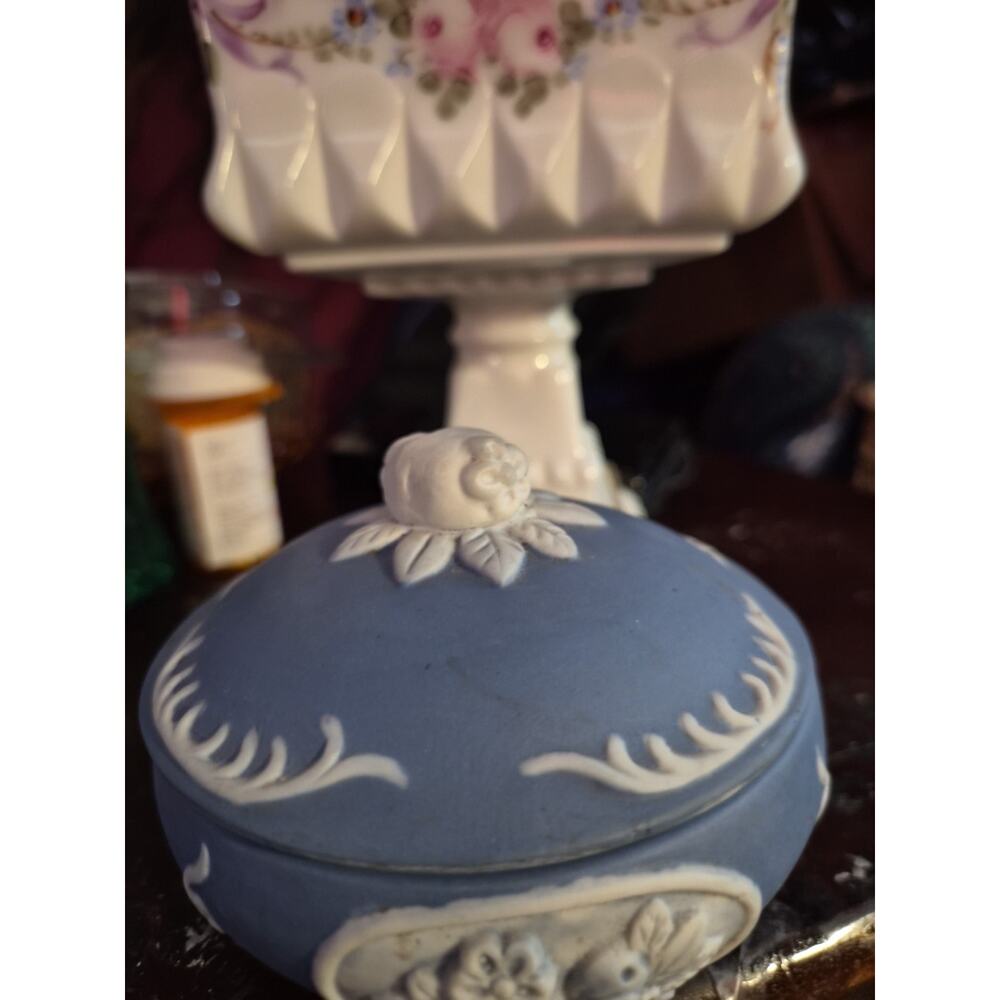 Vintage Blue Jasperware Round Trinket Box Stoneware With A White Floral...